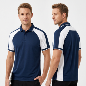 Men's <b>Navy</b> White Jersey Color Blocked Front Short Sleeve Quick Dry for Shirt Regular Fit Sporty Turn-down Collar Casual Summer - Product Image 1