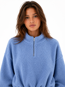<b>Women</b>’s Premium Blue Fleece Crop <b>Sweatshirt</b> <b>Half</b> <b>Zip</b> Pullover Hoodie Soft Teddy Fleece Top Elastic Hem Adjustable Drawstring - Product Image 3
