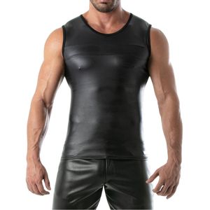 Camiseta sin mangas estilo cuero para hombre, ajustada, negra, para discoteca, sexy, para fiestas nocturnas, a la moda. - Product Image 1