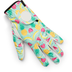 ถุงมือกอล์ฟหนังแกะ Ikhlas Sports รุ่นขายดีที่สุด ออกแบบลายผลไม้ผสมผสานด้วยเทคนิค Sublimation ปิดด้วยเวลโคร ป้องกันนิ้วมือเต็มรูปแบบ ทนทาน - Product Image 1