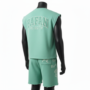 Ensemble court sans manches 100 % coton premium pour homme, en molleton de coton vert menthe, avec shorts athlétiques à bords bruts et logo personnalisé imprimé en relief - Product Image 4