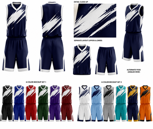 Ensemble d'uniformes de basket-ball unisexe, bleu marine et blanc, maillot sans manches à col en V sublimé avec short à taille élastique, coupe athlétique - Product Image 6