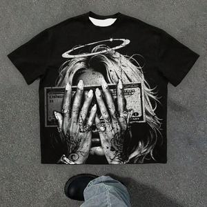 Men's Manufacturer Custom 100% Cotton Oversized High Quality Dtg Print Rhinestone Solid Pattern O-Neck Breathable Short Sleeve - Product Image 4