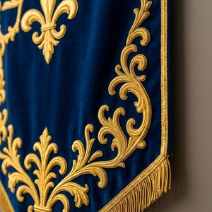 3D Embroidery Blue Velvet 380g Eyelet <b>Curtain</b> <b>Panel</b> Gold Floral Embroidery Rod Pocket Custom Brand Design - Product Image 3