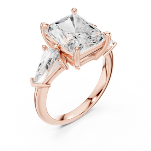Bague de fiançailles en or rose avec diamant de laboratoire taille radiant et trois pierres latérales taille trilune, bague de mariage - Product Image 3