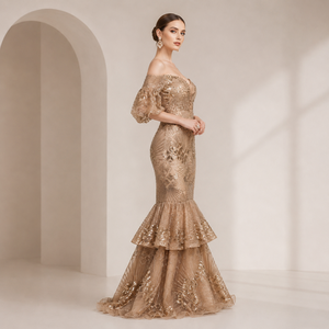 Luxury Champagne Gold Mermaid Evening Gown for Women Off Shoulder <b>Sequin</b> Formal Party Dress Wedding Guest Prom Maxi Outfit - Product Image 2