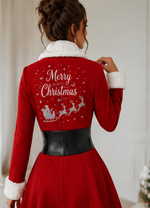 MAKTRA Robe Manteau Rouge de Noël pour Femme avec Bordure en Fausse Fourrure, Dentelle Strassée, Taille Corset, Imperméable, pour Fêtes de Noël et d'Hiver, Vente en Gros - Product Image 2