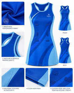 Robe de netball personnalisée pour femme, bleu royal, bleu ciel, blanc, sans manches, dos nageur, uniforme d'équipe avec écussons à fixation par bavette - Product Image 2