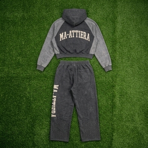 Conjunto de Sudadera Corta con Capucha y Pantalones Anchos de Felpa de Algodón con Lavado Ácido Bicolor para Mujer, Estilo Urbano, Venta al por Mayor OEM - Product Image 6