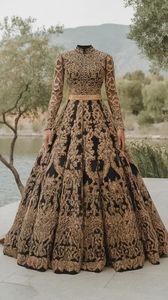 <b>Black</b> Heavy Gold Embroidered Georgette Satin Velvet Traditional Wedding Dress for Women India Pakistan Style Winter Formal - Product Image 3