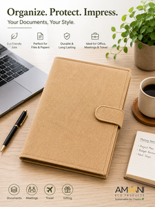 แฟ้มธุรกิจผ้ากระสอบป่านสีเบจ ปกมีลายพร้อมสายรัดปิด - Product Image 5
