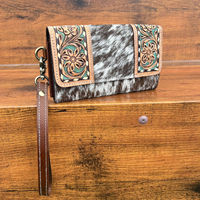 Set Kombo kulit ukir tangan gaya mode baru tas Tote Bahu Wanita & dompet genggam kulit sapi desain bunga untuk wanita