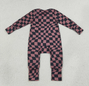 Monos convertibles con cremallera bidireccional para bebés, color marrón y negro, con estampado de tablero de ajedrez, para otoño - Product Image 2
