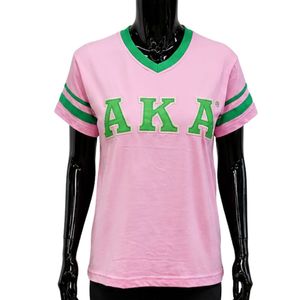 Camiseta de cuello en V con rayas rosas y verdes para mujer, manga corta, informal, a la moda, con diseño de letras, top, ropa de calle para mujer, venta al por mayor - Product Image 1