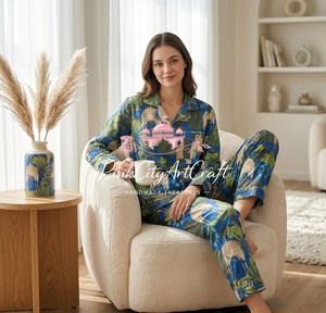 Handmade Summer Cotton Pajama Set for Women Comfortable Long Sleeve Button-<b>Down</b> Top Matching Trousers Breathable Eco-Friendly - Product Image 5