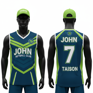 Maillot de netball pour hommes 150 GSM en polyester respirant, design graphique sublimé bleu sarcelle noir blanc, panneau latéral, logo personnalisé - Product Image 6