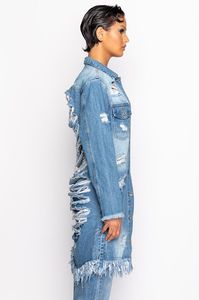 Abrigo vaquero vintage para mujer con espalda recortada, manga larga, abotonadura sencilla y bajo asimétrico, estilo 2026, chaqueta de mezclilla de moda - Product Image 4