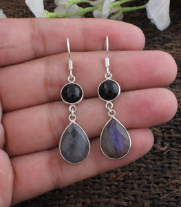Pendientes de Labradorita Natural y Ónix Negro, Plata de Ley 925, Pendientes Colgantes con Gema de Fuego Azul, Joyería de Piedras Mixtas al por Mayor para Mujer - Product Image 1
