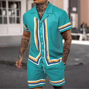 Ensemble chemise et short pour homme, col cubain, formel, uni ou imprimé, tricoté, 100% coton, manches courtes, style urbain, taille mi-haute élastique, été - Product Image 2
