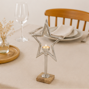 Elegant Silver Metal Star Tealight Candle Holder With Rustic Mango Wood Base Perfect For Christmas Holiday Decor And Minimalist - Product Image 2