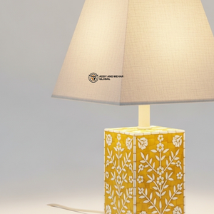 Lampe moderne en os jaune incrusté avec abat-jour en tissu |   Éclairage de luxe pour salon et chambre à coucher - Product Image 2