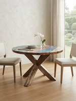 Table à manger ronde artisanale en teck massif, pieds croisés, multicolore, rustique, antique, 2 places, mobilier de maison, vente en gros, récupérée