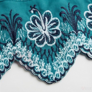 Women's Teal <b>Elastic</b> <b>Waist</b> A-Line Midi <b>Skirt</b> Floral Lace Trim Embroidered Hem - Product Image 6