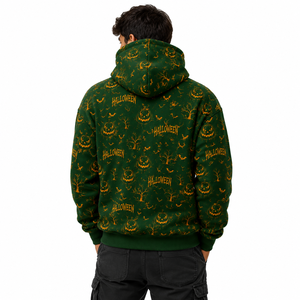 Custom Green Halloween Full Zip Face Mask Hoodie All Over Pumpkin Bat Print Oversized Streetwear Hoodie Unisex Winter Fashion - Product Image 4