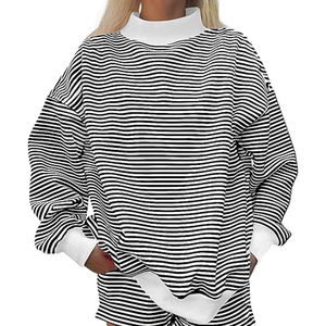 Black <b>White</b> Striped Women's Stand Collar <b>Sweatshirt</b> with Wide Long Sleeves and Contrast <b>White</b> Hem Band for Casual Streetwear - Product Image 1