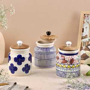 Ceramic <b>Spice</b> Storage <b>Jar</b> With Mountain Design Airtight Lid Handcrafted Kitchen Container Wabi Sabi Style - Product Image 6