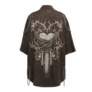 เสื้อเชิ้ตพิมพ์ลายนกฮูกสีเหลืองสไตล์โกธิคสำหรับผู้ชาย แขนสั้น แต่งโซ่  กระดุมผ่าหน้า ชายเสื้อฉีก  ปกเสื้อพับได้ สไตล์โกธิค - Product Image 6