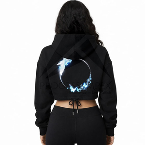 Women's <b>Black</b> Cropped Hoodie With Blue <b>Wings</b> Print Casual Cotton Sweatshirt Front Logo Pockets Autumn Wear - Product Image 2