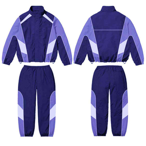 Ensemble de survêtement homme noir et gris à blocs de couleur, veste coupe-vent vintage à col montant et manches longues, pantalon respirant et à séchage rapide - Product Image 5