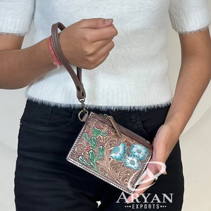 Portefeuille mini-bracelet en cuir véritable pleine fleur pour femme, élégant, motif floral cactus, fermeture éclair, porte-cartes de crédit, vente en gros - Product Image 1