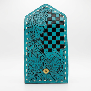 Turquoise Genuine Leather Fold <b>Wallet</b> With Embossed Floral Design Checkered Pattern Handmade Bohemian Style Women's Short <b>Wallet</b> - Product Image 3