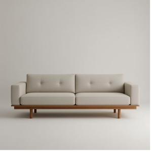 Elegante Sofá Estilo Japandi con Tapicería Crema con Botones y Estructura de Madera Sólida para Decoración Moderna de Sala de Estar - Product Image 1