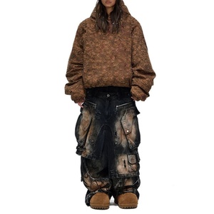 Pantalones Cargo de Mezclilla con Parches Desgastados, Bordes Deshilachados, Cintura con Cordón Ajustable, Corte Holgado, Estilo Hip Hop, Largos - Product Image 2