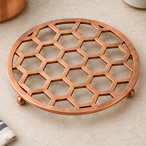 Round Metal Trivet Copper Color Honeycomb Hollow Hot Pot Pad Heat Insulation <b>Table</b> <b>Mat</b> with Feet - Product Image 1