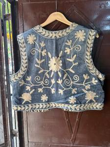Custom Suzani Embroidery Velvet Cotton Short Vest <b>Coat</b> for <b>Women</b> Handmade Bohemian Floral Embroidered <b>Sleeveless</b> V-neck - Product Image 4