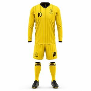 Ensemble Maillot de Foot Personnalisé Jaune et Noir à Manches Longues, Short et Chaussettes, Rayures Fines, Tenue d'Équipe, Fabrication OEM, Qualité Supérieure pour Jour de Match - Product Image 1