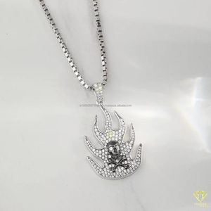 VVS Lab Grown Diamond Iced Flaming Skull <b>Pendant</b> Two Tone Fire Bikers Jewelry in Sterling <b>Silver</b> Hip Hop Style <b>for</b> <b>Men</b> - Product Image 3