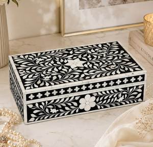Handcrafted Oriental Jewelry <b>Box</b> Rectangular Black White Floral Inlay Wood Storage Container With Lid Decorative Home Gift - Product Image 6