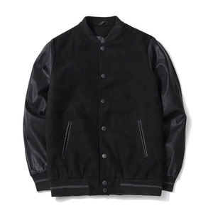 Veste varsity noire pour homme, manches en cuir PU, col montant, pull-over décontracté, coupe-vent d'hiver, veste en polyester/coton - Product Image 1
