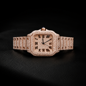 Montre à quartz couleur or rose, cadran à chiffres romains, lunette en cristal, bracelet en acier inoxydable, montre-bracelet de luxe - Product Image 1