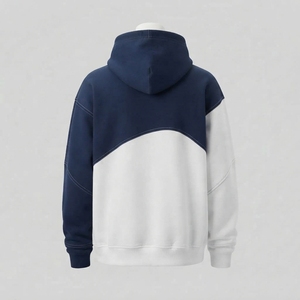 <b>Mens</b> <b>Navy</b> Blue White Diagonal Color Block Hoodie <b>Fleece</b> Sweatshirt Custom Logo Streetwear Pullover Casual Winter Hooded Top - Product Image 2