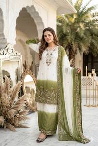 White & Teal Ombre Embroidered <b>Kurti</b> Palazzo Set with Dupatta – Designer Ethnic Party Wear Salwar Suit for Women - Product Image 4