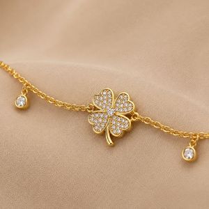 Gold Plated <b>Clover</b> Anklet With Zircon Stones Women's Fashion Jewelry Romantic Plant Pattern <b>Bracelet</b> Gift - Product Image 5