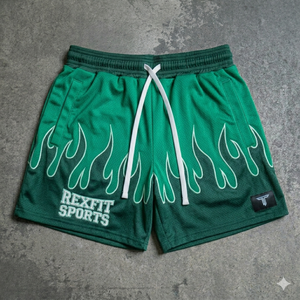 Shorts de sport personnalisés REXFIT SPORTS, design imprimé flamme, en mesh respirant pour hommes et garçons, pour entraînement de basketball et fitness. - Product Image 3