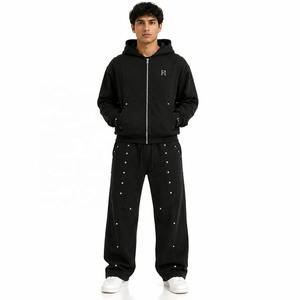 Wholesale Rhinestone Custom Studded Hoodies And Sweatpants Set Front Zip Pocket Streetwear Sweatshirts Two Piece <b>Tracksuit</b> OEM - Product Image 1