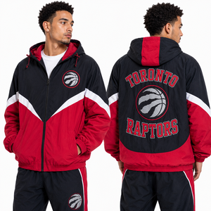 Chaqueta Cortavientos Varsity con Capucha, Cierre Completo, Gráfico del Equipo Bordado, Paneles de Bloques de Color, Ligera, Resistente al Agua, Informal, para Exteriores - Product Image 1
